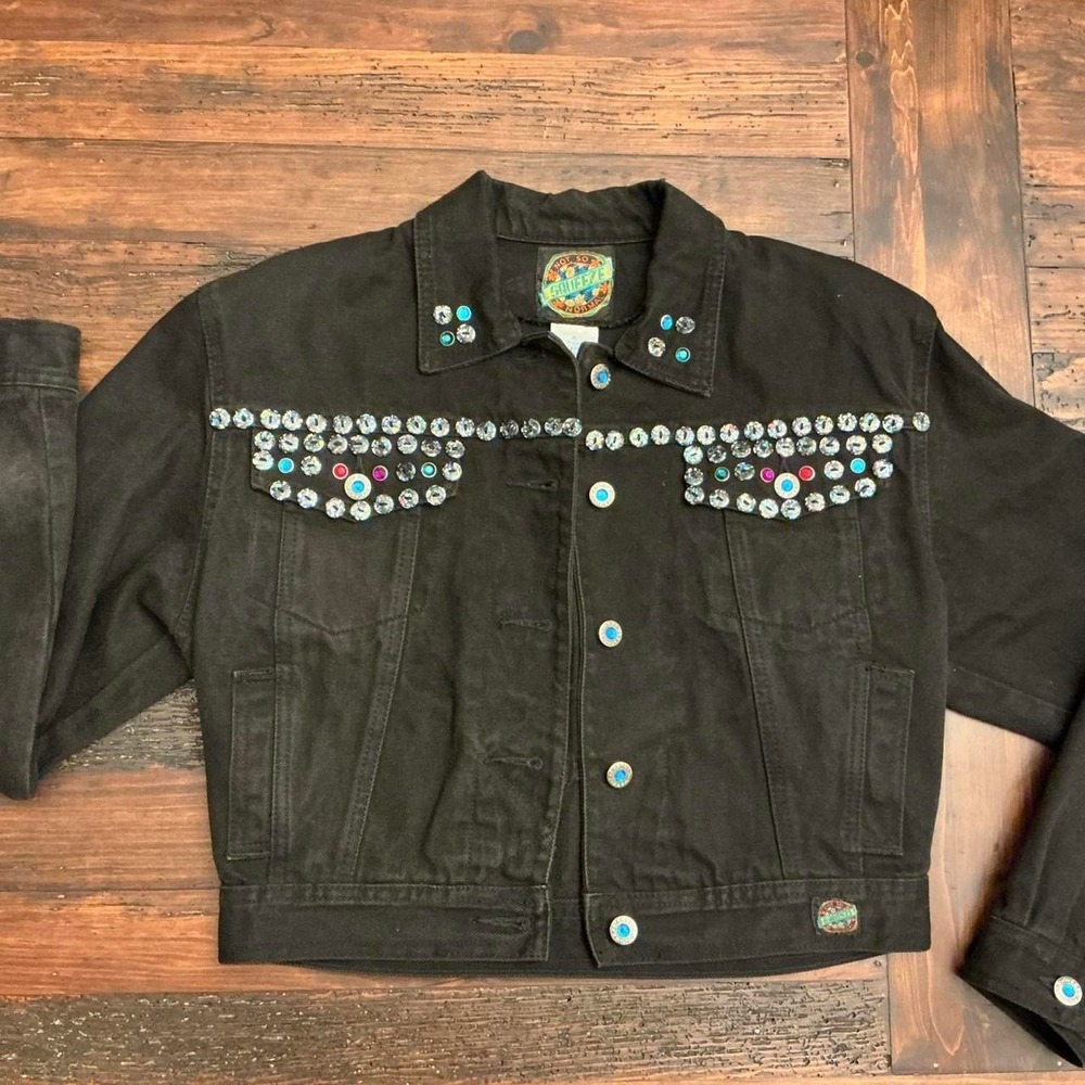 Vintage Squeeze Denim Jacket Black Embellished Y2K Pure Cotton Retro Bling Small